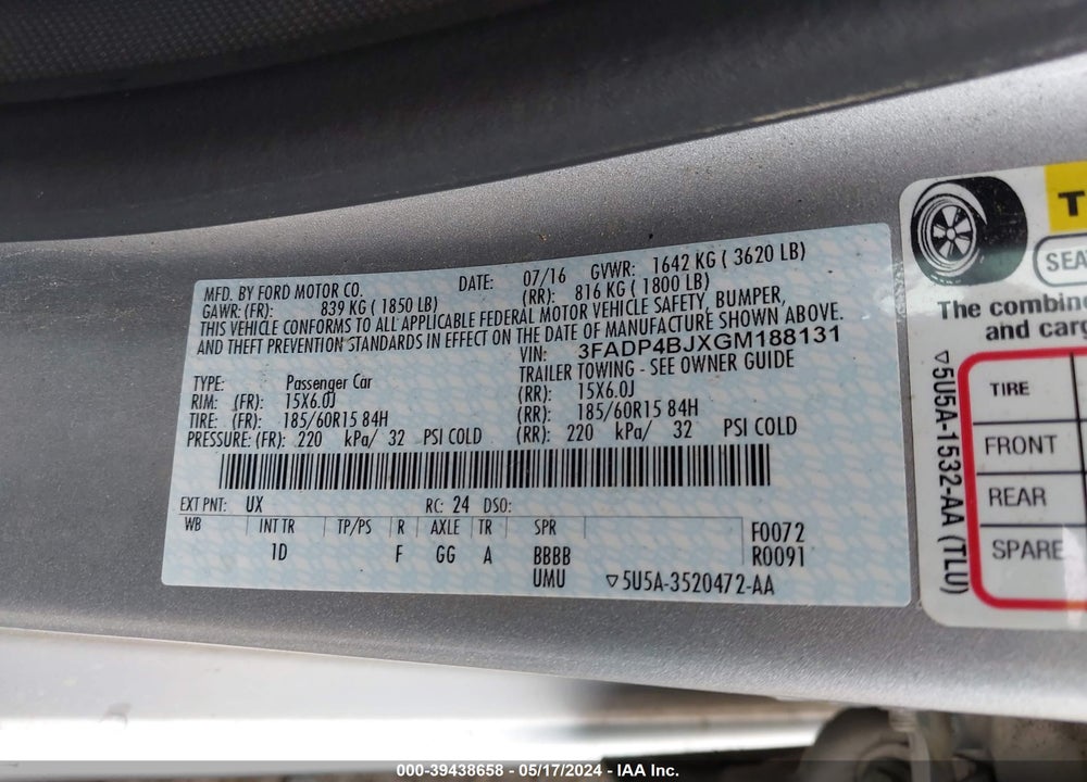 2016 FORD FIESTA SE VIN: 3FADP4BJXGM188131