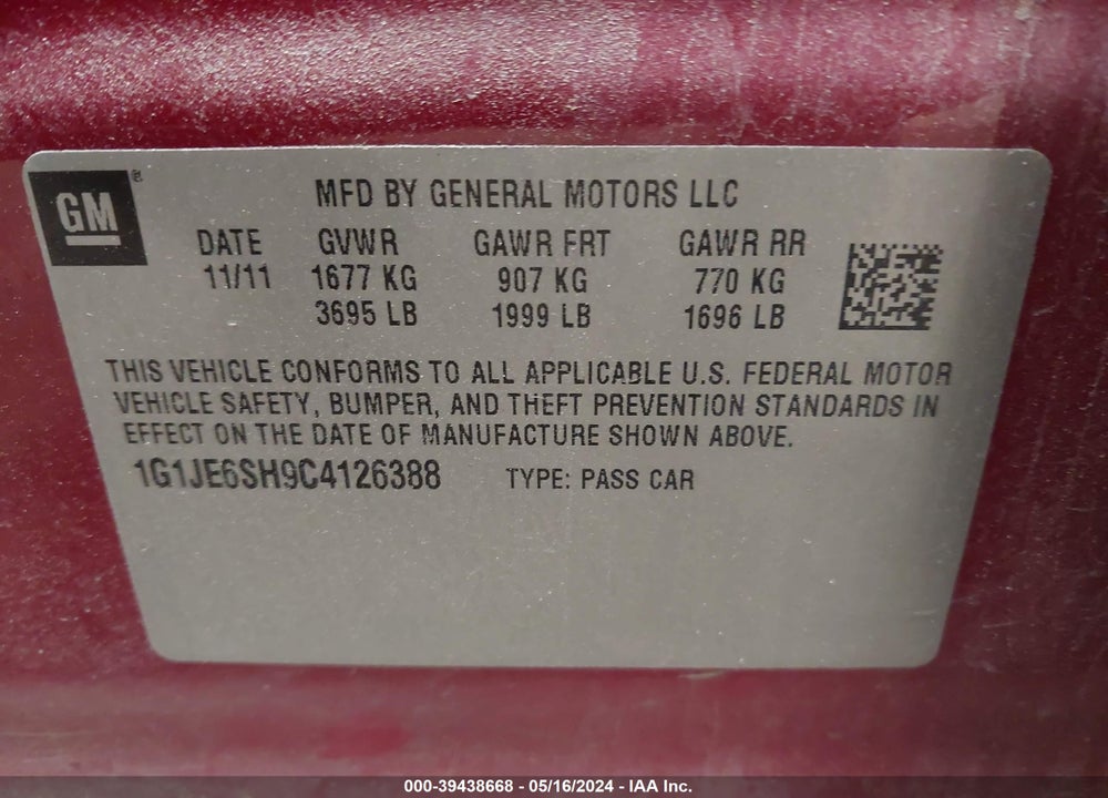 2012 CHEVROLET SONIC 2LZ VIN: 1G1JE6SH9C4126388