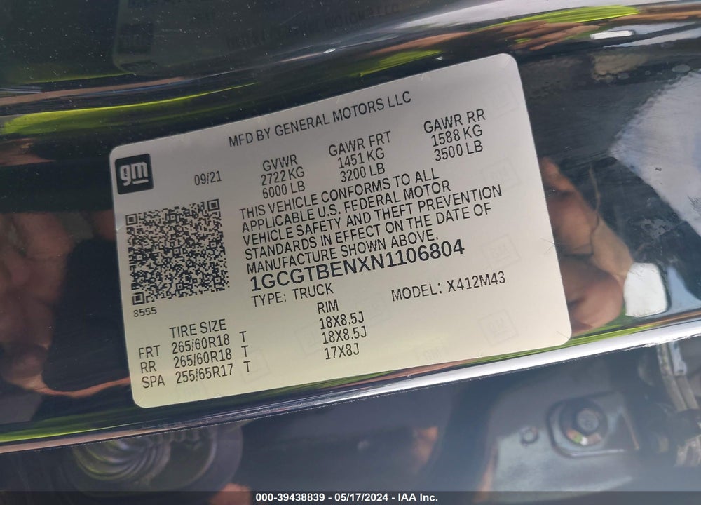 2022 CHEVROLET COLORADO 4WD SHORT BOX WT VIN: 1GCGTBENXN1106804