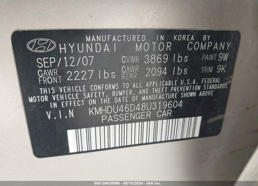 2008 HYUNDAI ELANTRA GLS/SE VIN: KMHDU46D48U319604