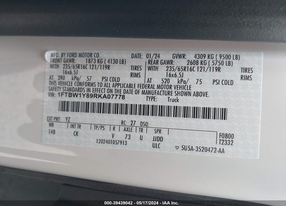 2024 FORD TRANSIT-350 VIN: 1FTBW1Y89RKA07778