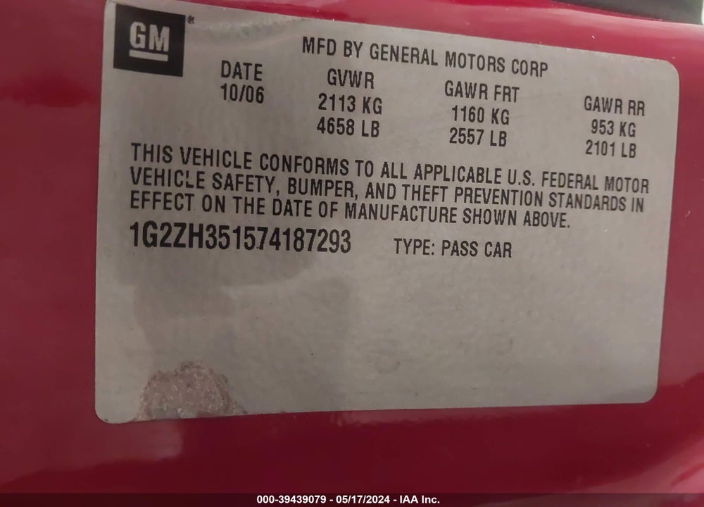 2007 PONTIAC G6 GT VIN: 1G2ZH351574187293