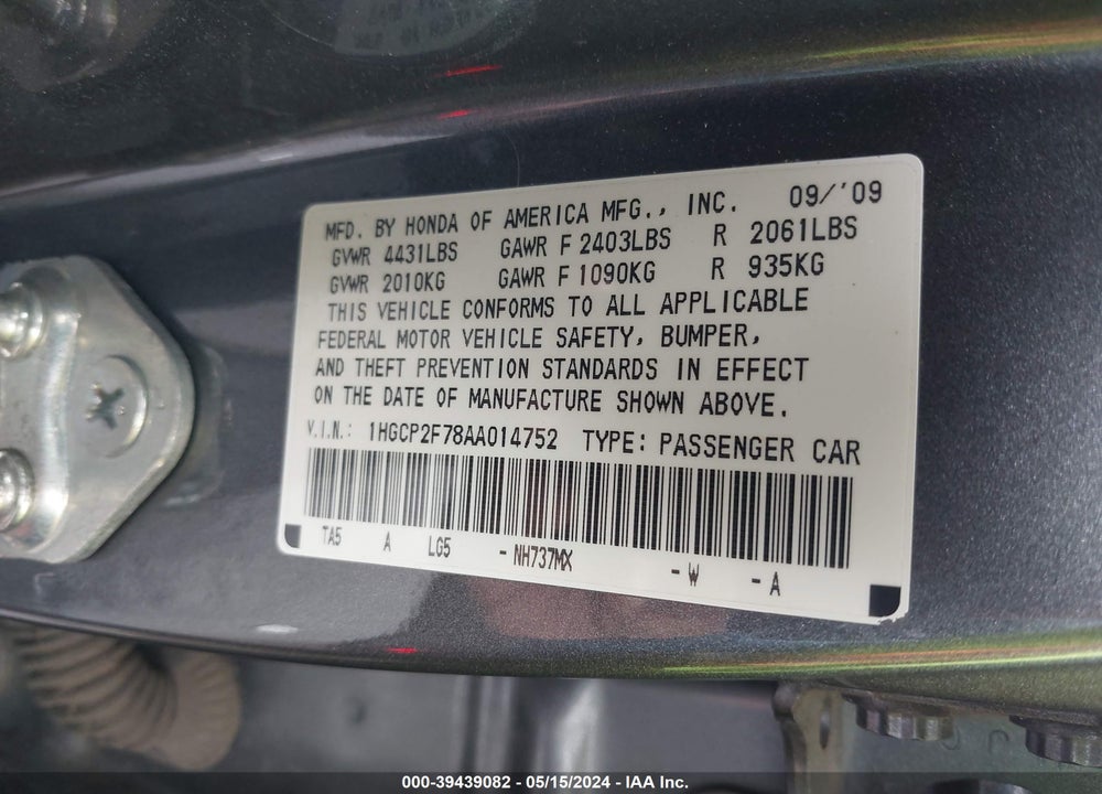 2010 HONDA ACCORD 2.4 EX VIN: 1HGCP2F78AA014752