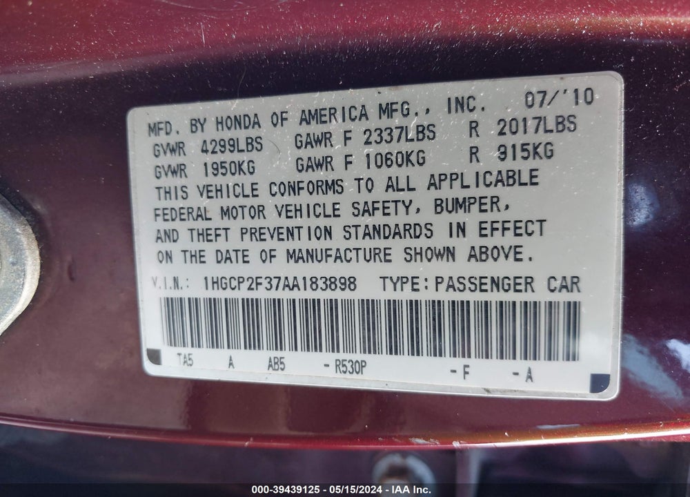 2010 HONDA ACCORD 2.4 LX VIN: 1HGCP2F37AA183898