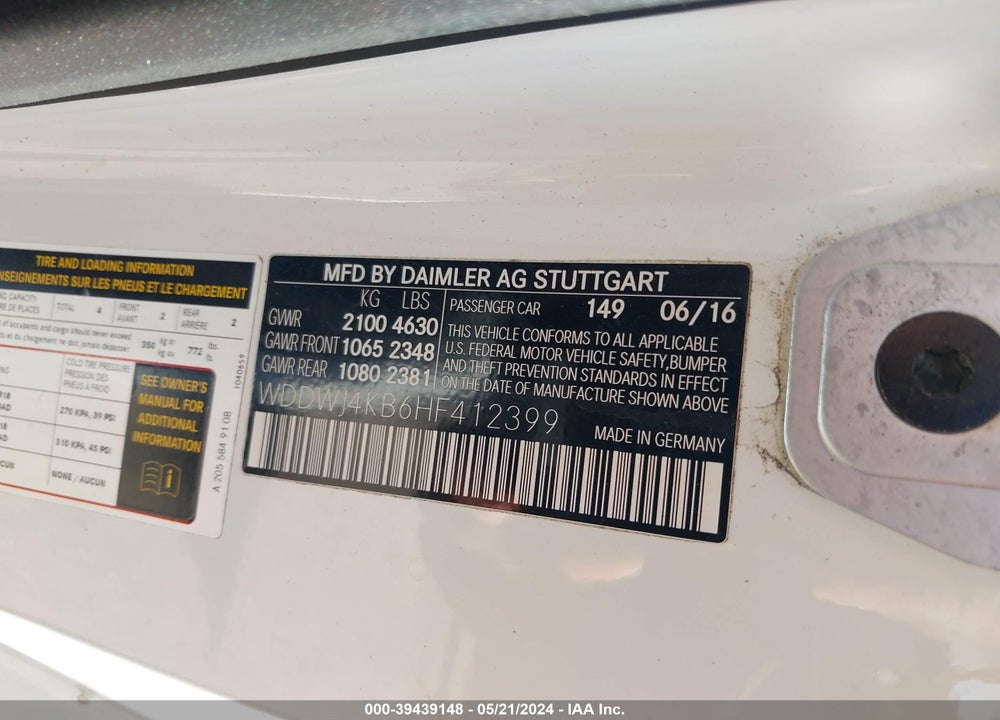 2017 MERCEDES-BENZ C 300 4MATIC VIN: WDDWJ4KB6HF412399