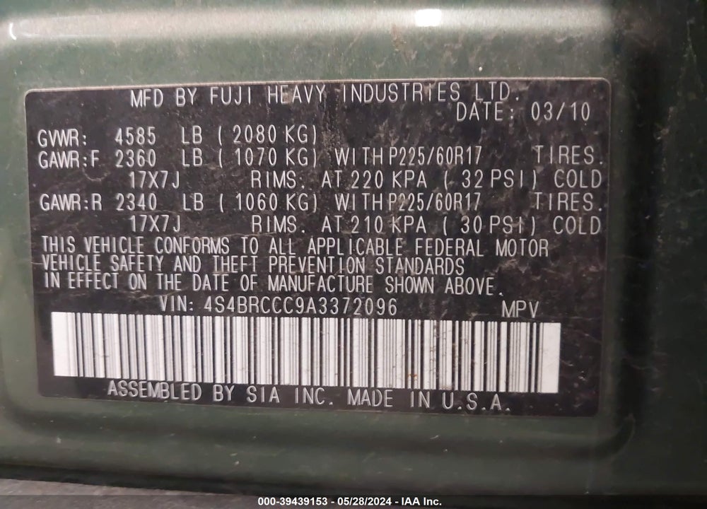 2010 SUBARU OUTBACK VIN: 4S4BRCCC9A3372096