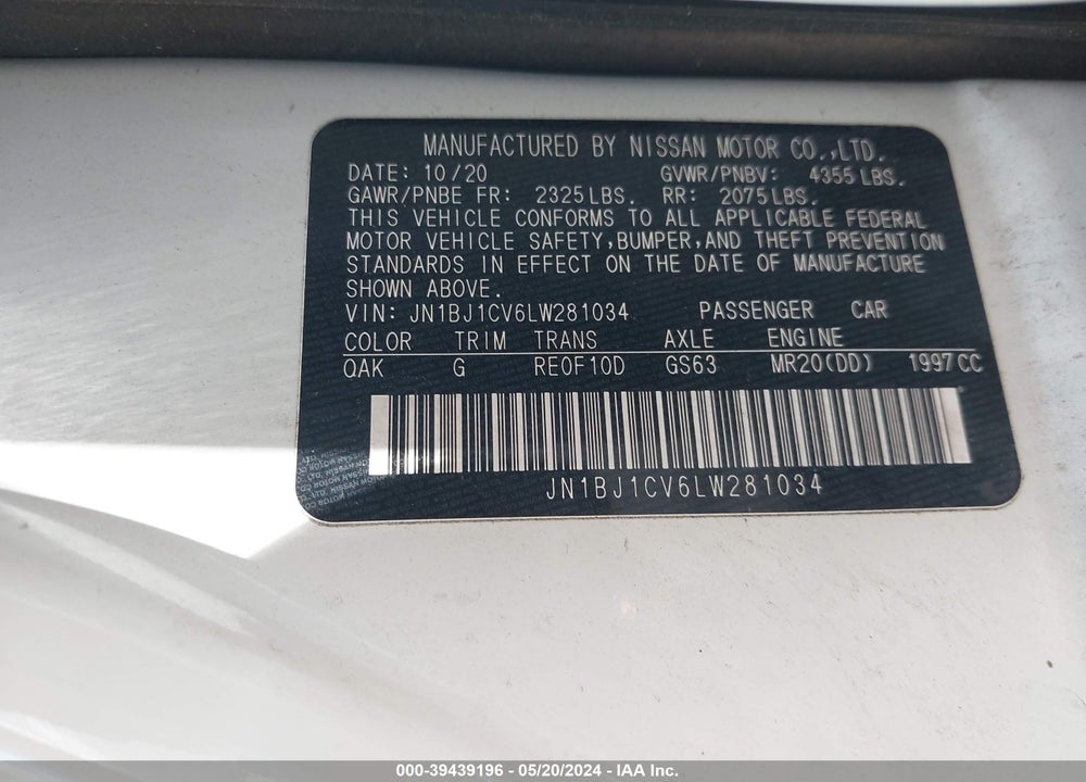 2020 NISSAN ROGUE SPORT S FWD XTRONIC CVT VIN: JN1BJ1CV6LW281034