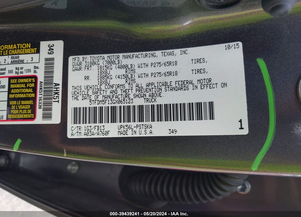 2016 TOYOTA TUNDRA SR5 4.6L V8 VIN: 5TFDM5F13GX065123