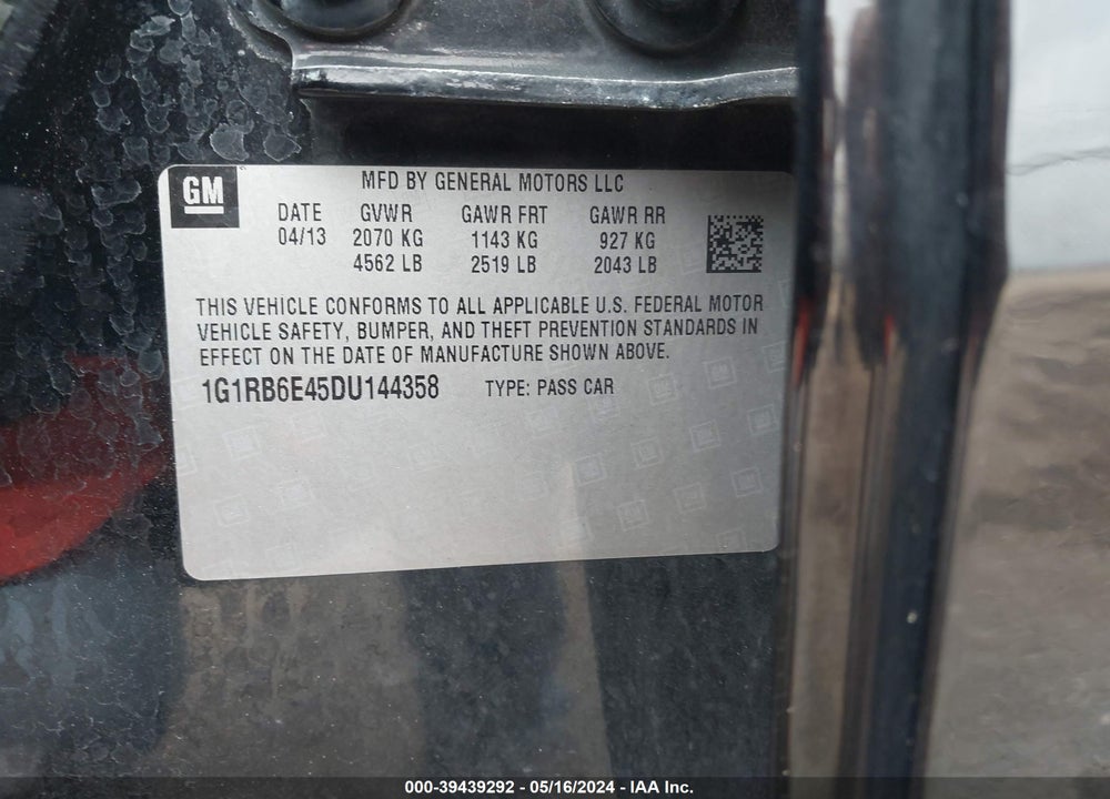 2013 CHEVROLET VOLT VIN: 1G1RB6E45DU144358