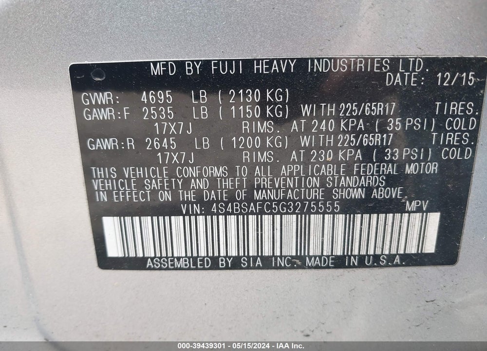 2016 SUBARU OUTBACK 2.5I PREMIUM VIN: 4S4BSAFC5G3275555