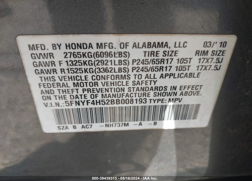 2011 HONDA PILOT EX-L VIN: 5FNYF4H52BB008193