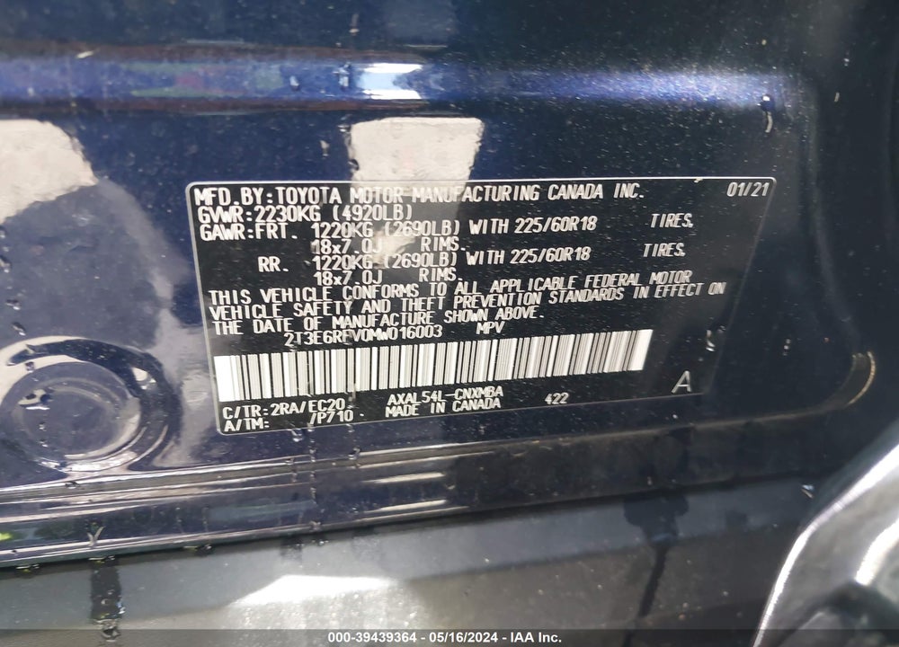 2021 TOYOTA RAV4 XSE HYBRID VIN: 2T3E6RFV0MW016003