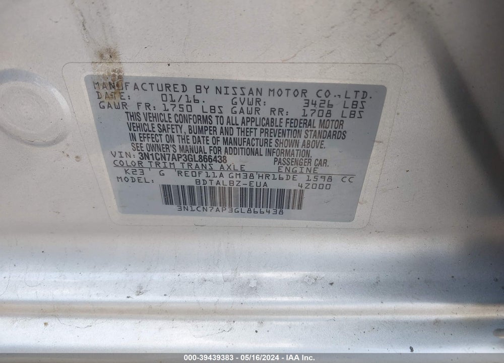 2016 NISSAN VERSA 1.6 SV VIN: 3N1CN7AP3GL866438