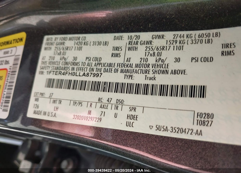 2020 FORD RANGER XLT VIN: 1FTER4FH0LLA87997