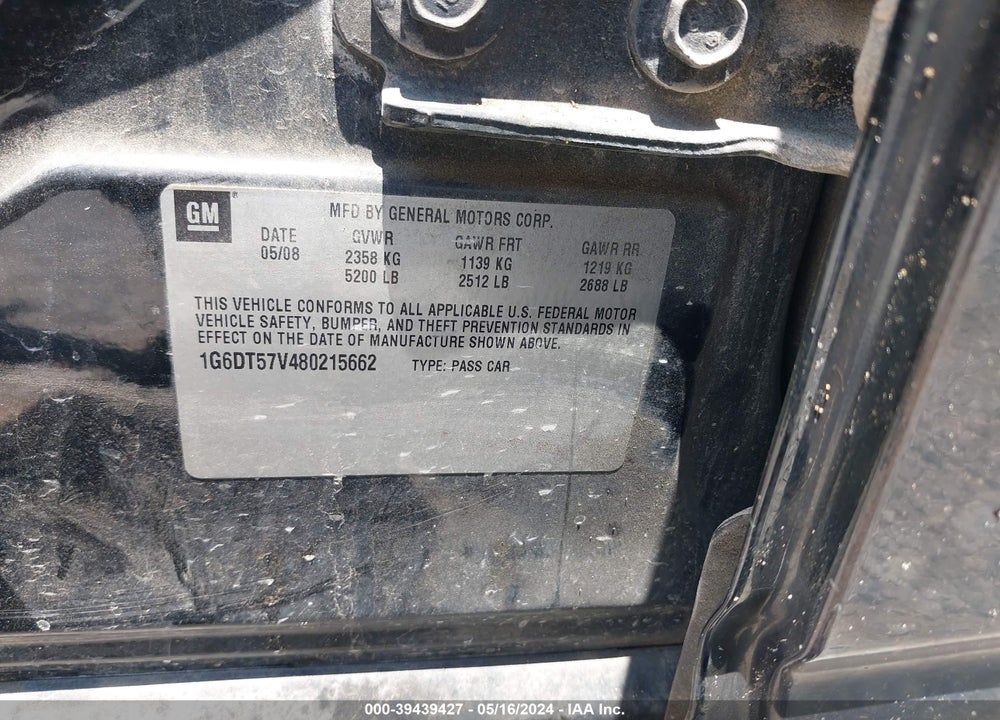 2008 CADILLAC CTS STANDARD VIN: 1G6DT57V480215662