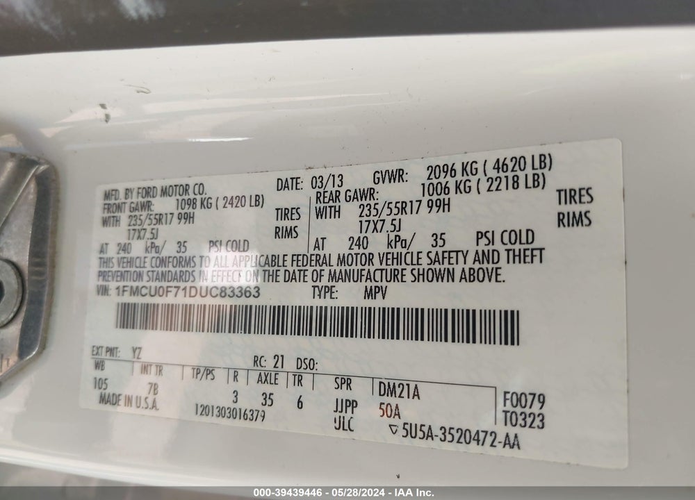 2013 FORD ESCAPE S VIN: 1FMCU0F71DUC83363