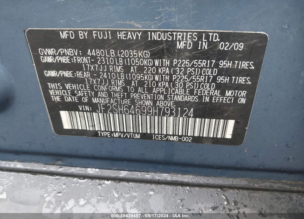 2009 SUBARU FORESTER 2.5X LIMITED VIN: JF2SH64699H793124