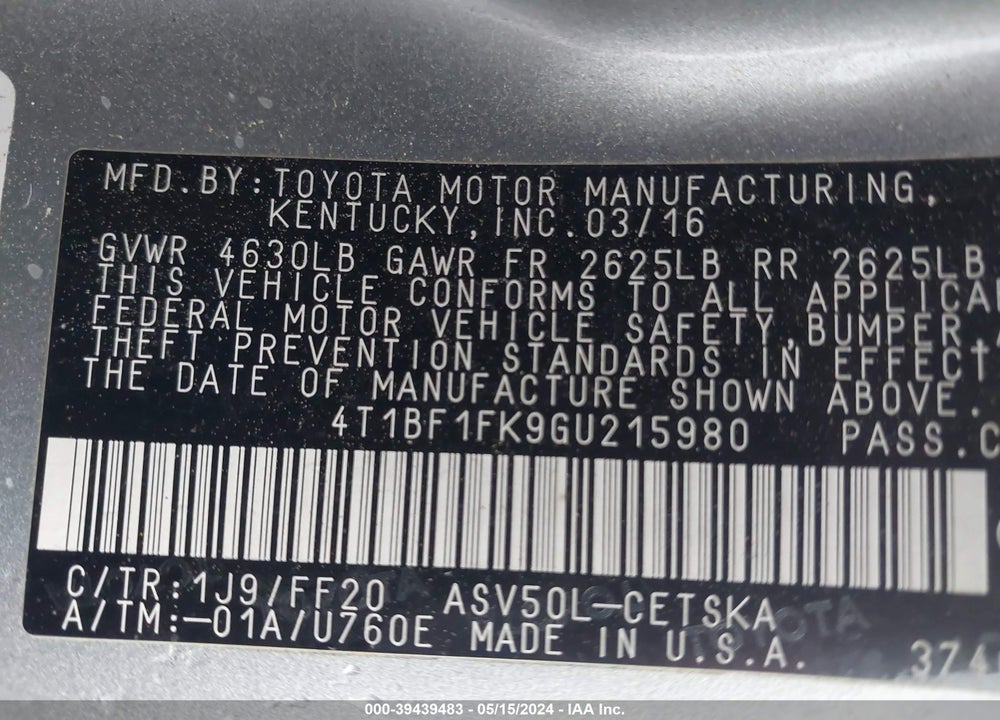 2016 TOYOTA CAMRY SE VIN: 4T1BF1FK9GU215980