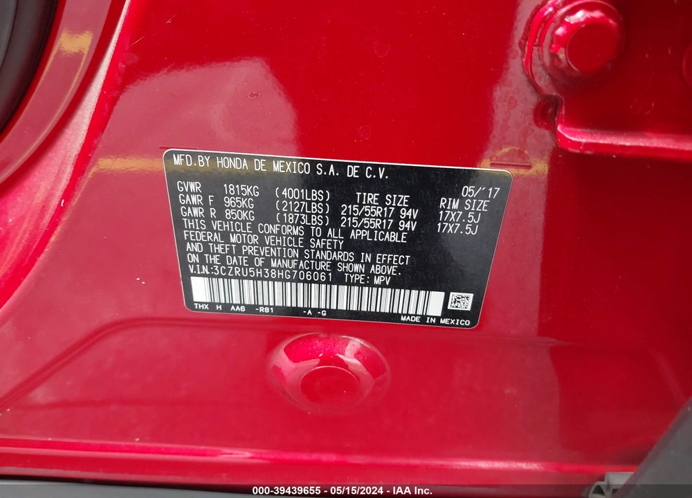2017 HONDA HR-V LX VIN: 3CZRU5H38HG706061