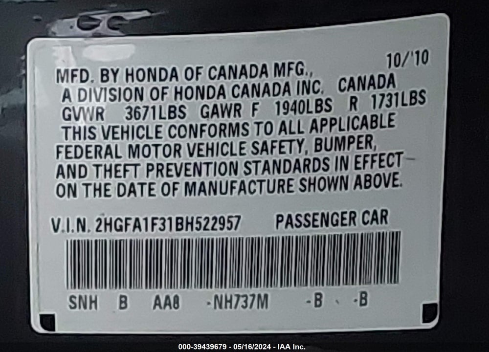 2011 HONDA CIVIC VP VIN: 2HGFA1F31BH522957