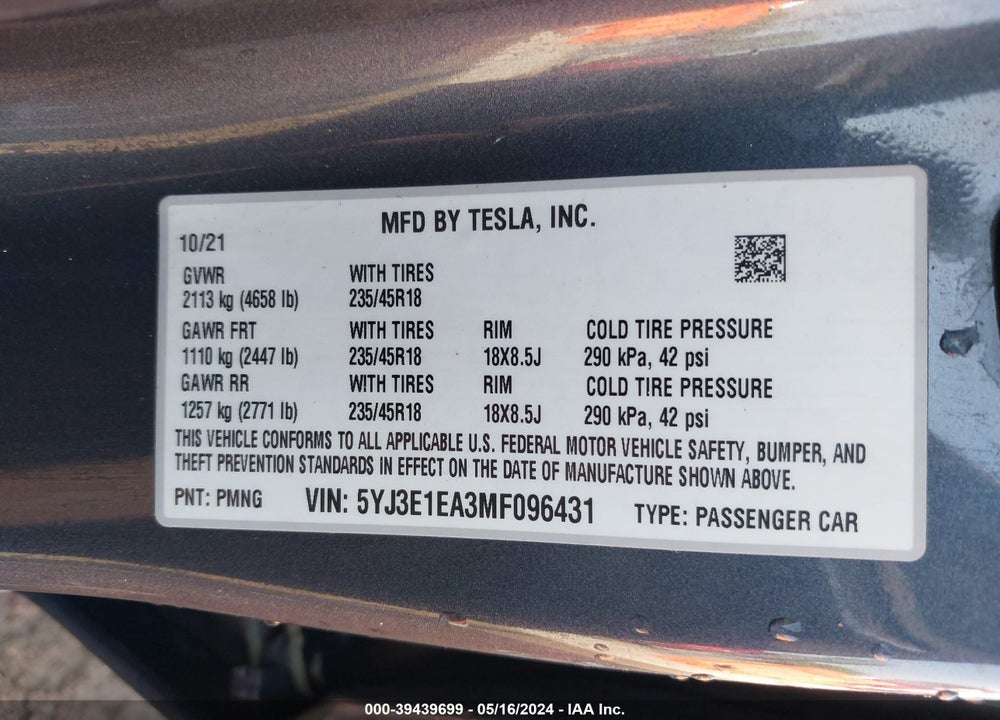 2021 TESLA MODEL 3 STANDARD RANGE PLUS REAR-WHEEL DRIVE VIN: 5YJ3E1EA3MF096431