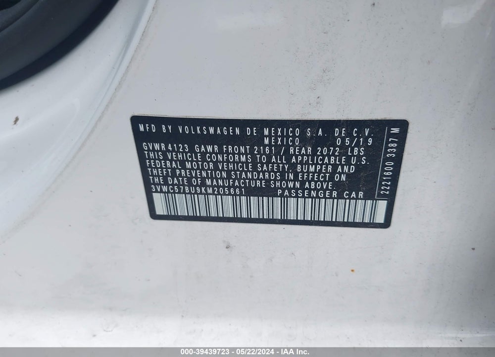2019 VOLKSWAGEN JETTA 1.4T R-LINE/1.4T S/1.4T SE VIN: 3VWC57BU9KM205661