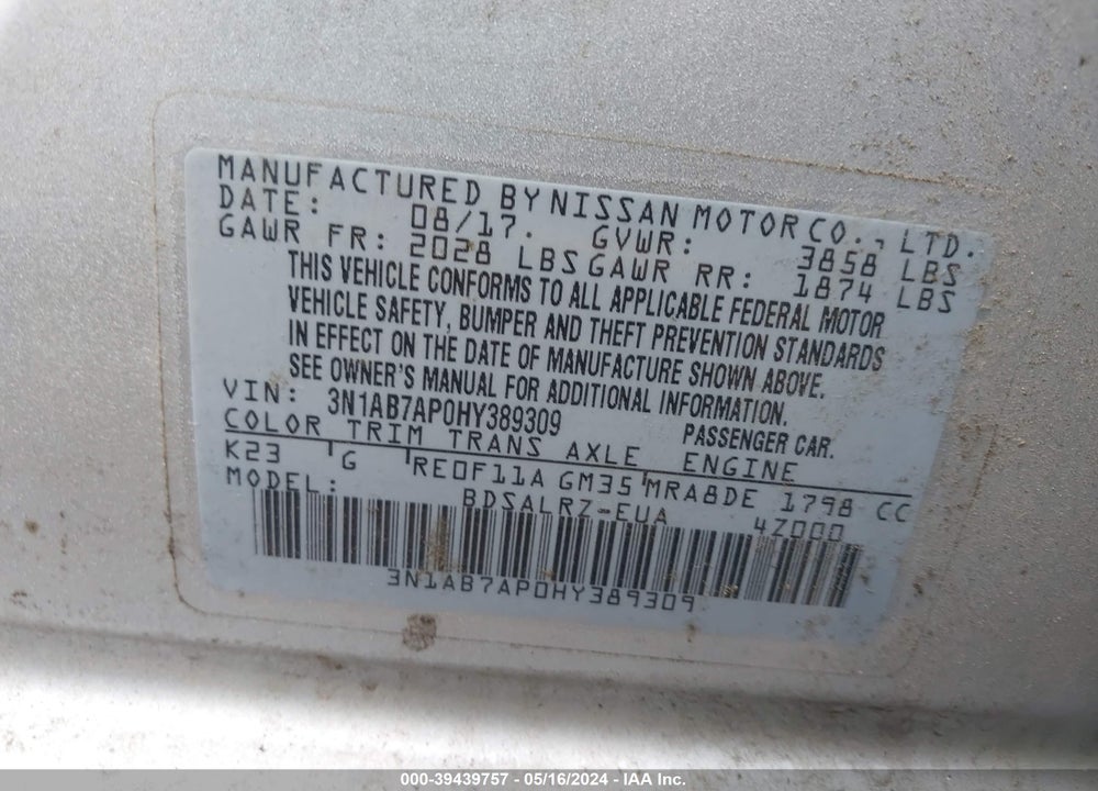 2017 NISSAN SENTRA SR VIN: 3N1AB7AP0HY389309
