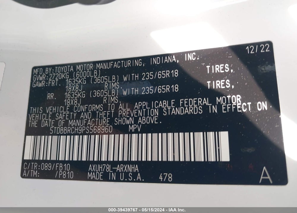 2023 TOYOTA HIGHLANDER HYBRID LE VIN: 5TDBBRCH9PS568960