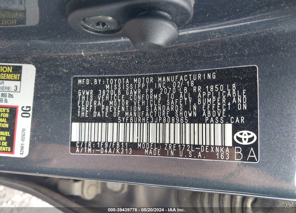 2018 TOYOTA COROLLA VIN: 5YFBURHE3JP808965