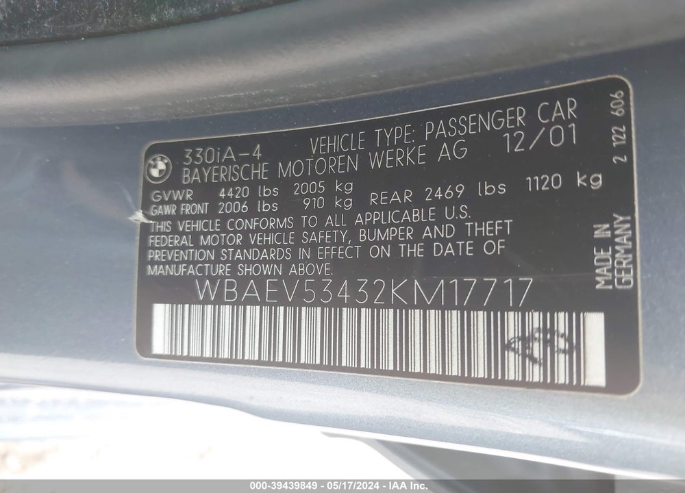 2002 BMW 330I VIN: WBAEV53432KM17717