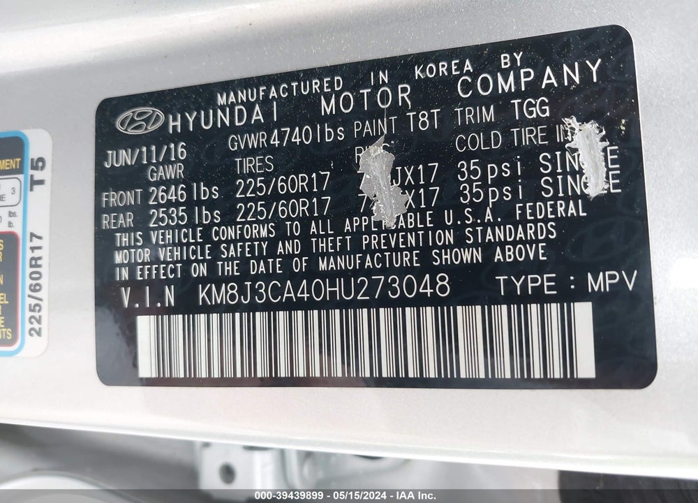 2017 HYUNDAI TUCSON SE VIN: KM8J3CA40HU273048