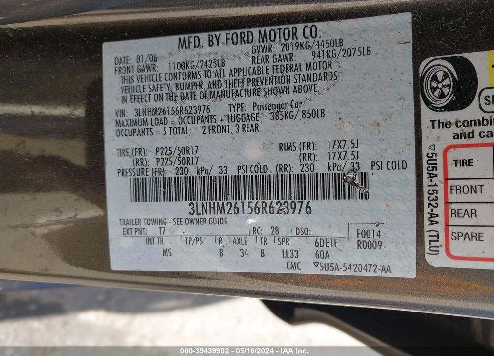 2006 LINCOLN ZEPHYR VIN: 3LNHM26156R623976