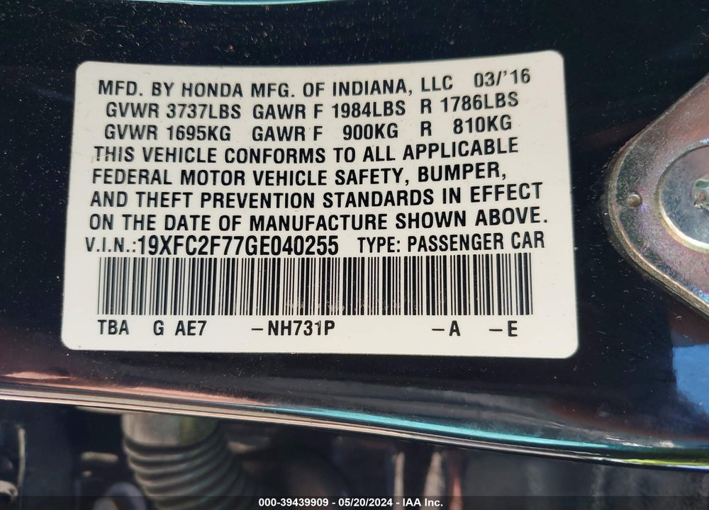 2016 HONDA CIVIC EX VIN: 19XFC2F77GE040255