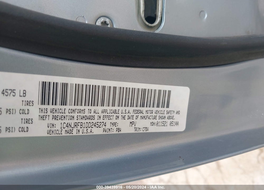 2013 JEEP PATRIOT LATITUDE VIN: 1C4NJRFB1DD245274