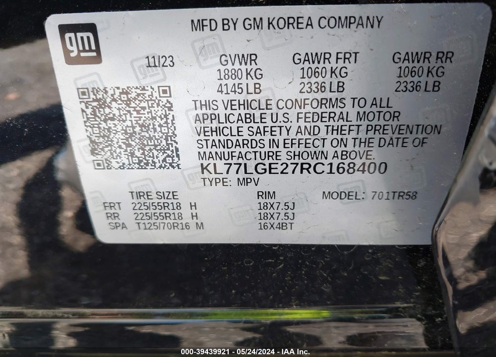 2024 CHEVROLET TRAX FWD 1RS VIN: KL77LGE27RC168400