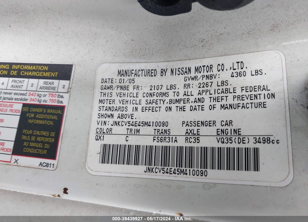 2005 INFINITI G35 VIN: JNKCV54E45M410090