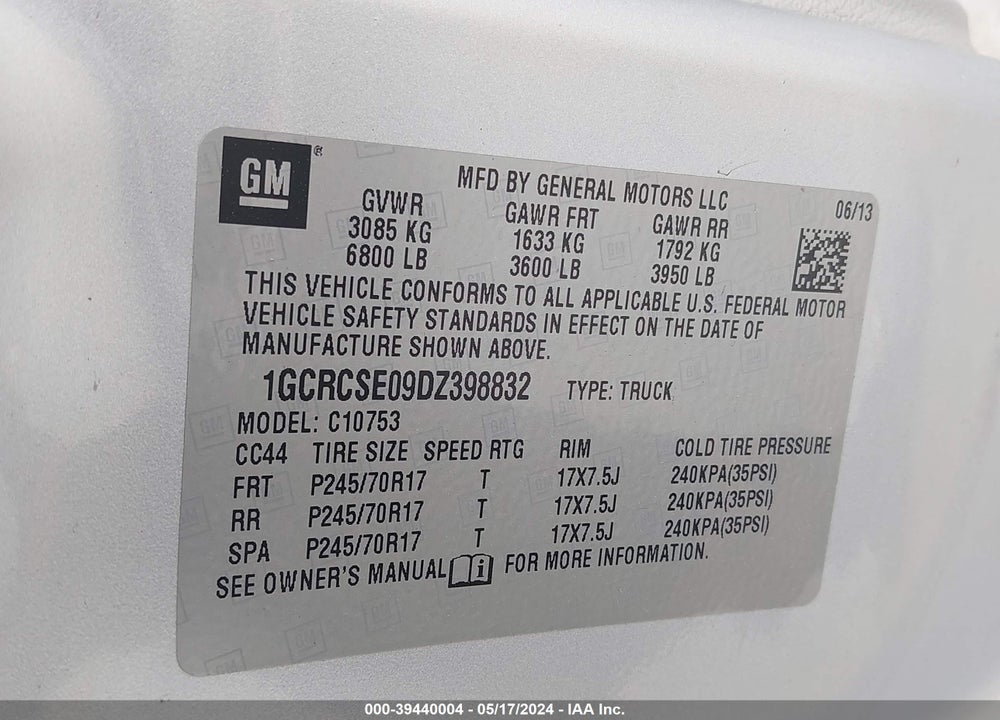 2013 CHEVROLET SILVERADO 1500 LT VIN: 1GCRCSE09DZ398832
