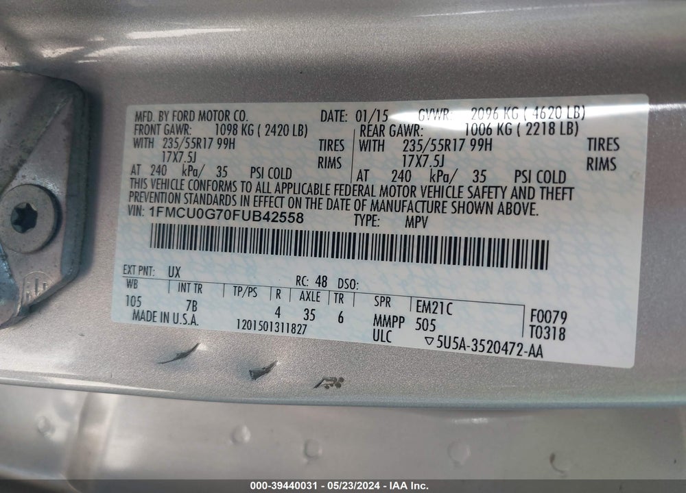 2015 FORD ESCAPE SE VIN: 1FMCU0G70FUB42558