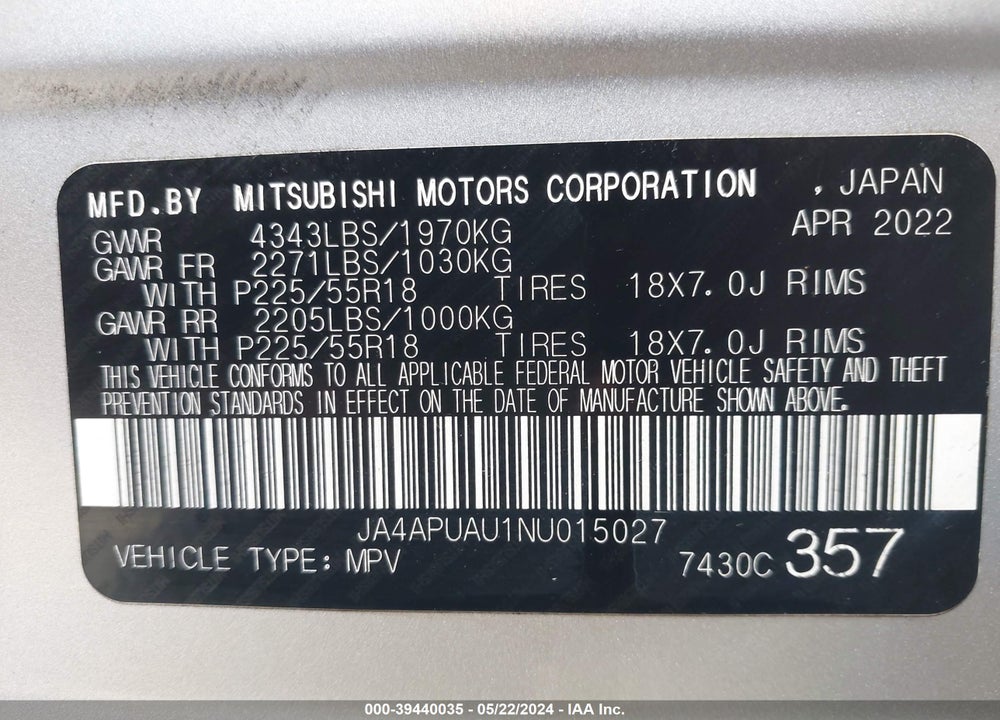 2022 MITSUBISHI OUTLANDER SPORT 2.0 BE 2WD/2.0 ES 2WD/2.0 LE 2WD/2.0 S 2WD VIN: JA4APUAU1NU015027