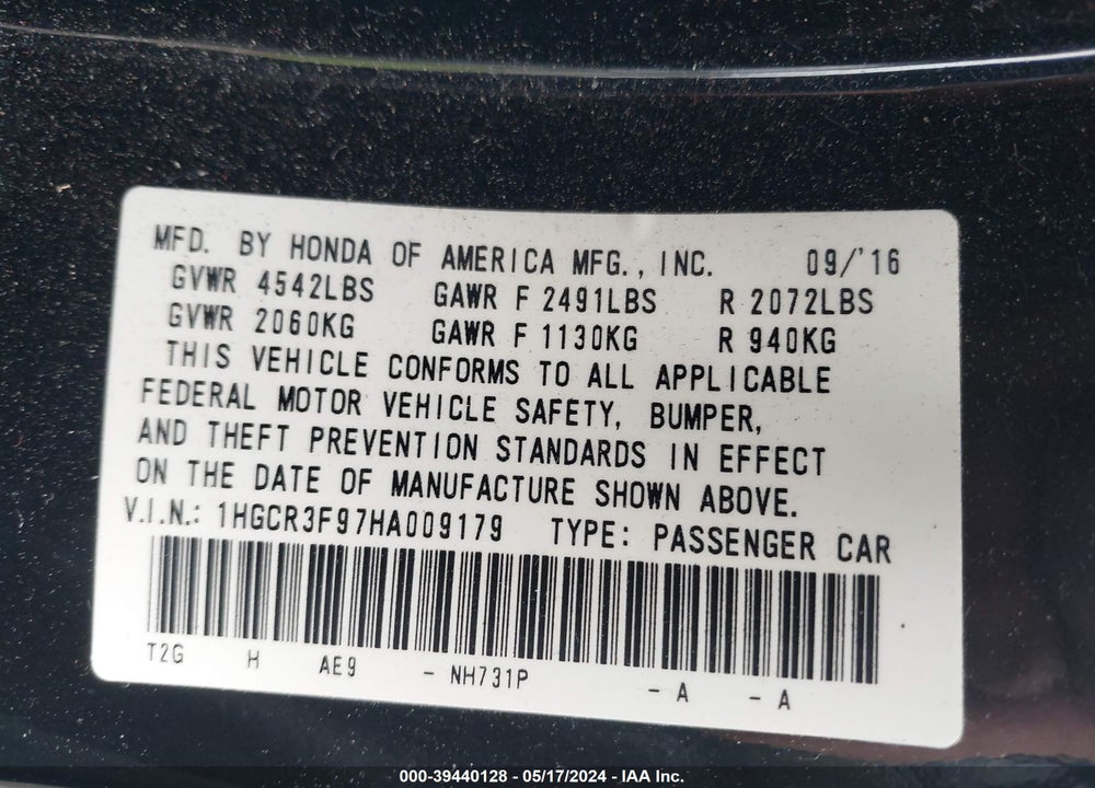 2017 HONDA ACCORD TOURING V6 VIN: 1HGCR3F97HA009179