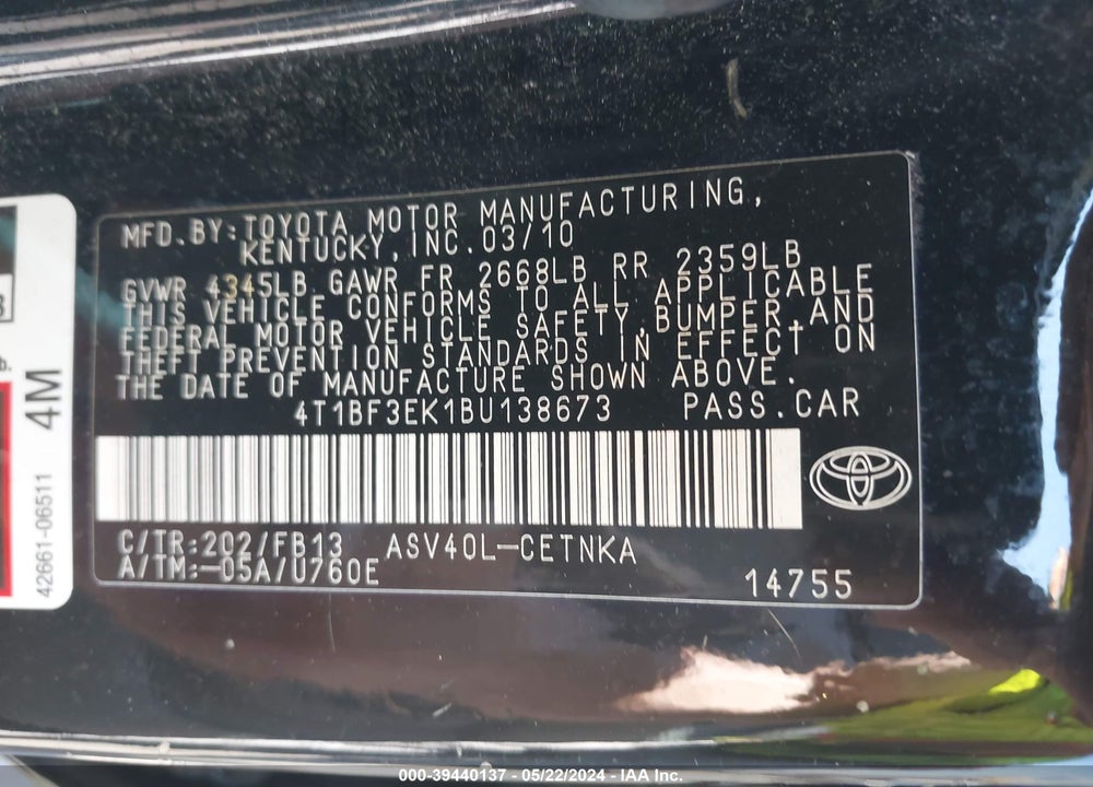 2011 TOYOTA CAMRY LE VIN: 4T1BF3EK1BU138673