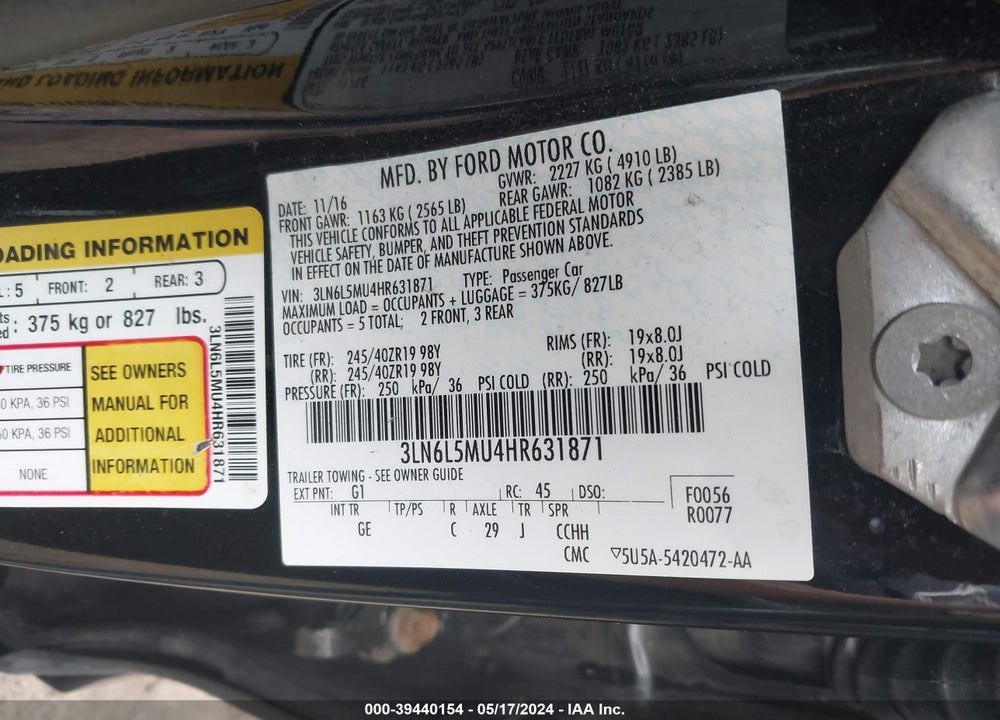 2017 LINCOLN MKZ HYBRID RESERVE VIN: 3LN6L5MU4HR631871