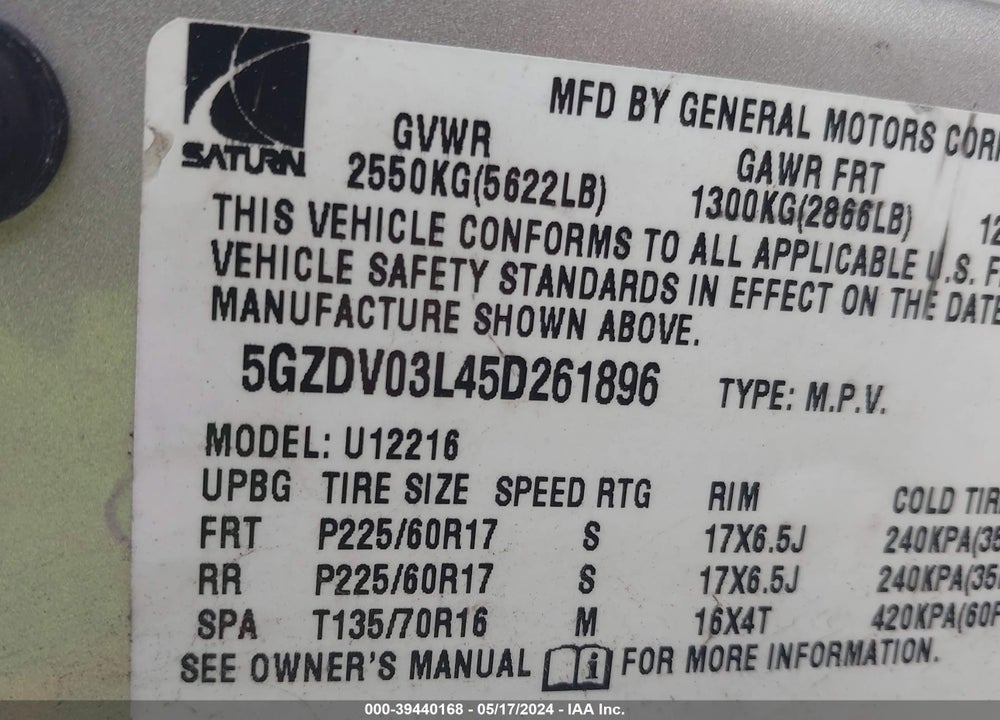 2005 SATURN RELAY FWD VIN: 5GZDV03L45D261896
