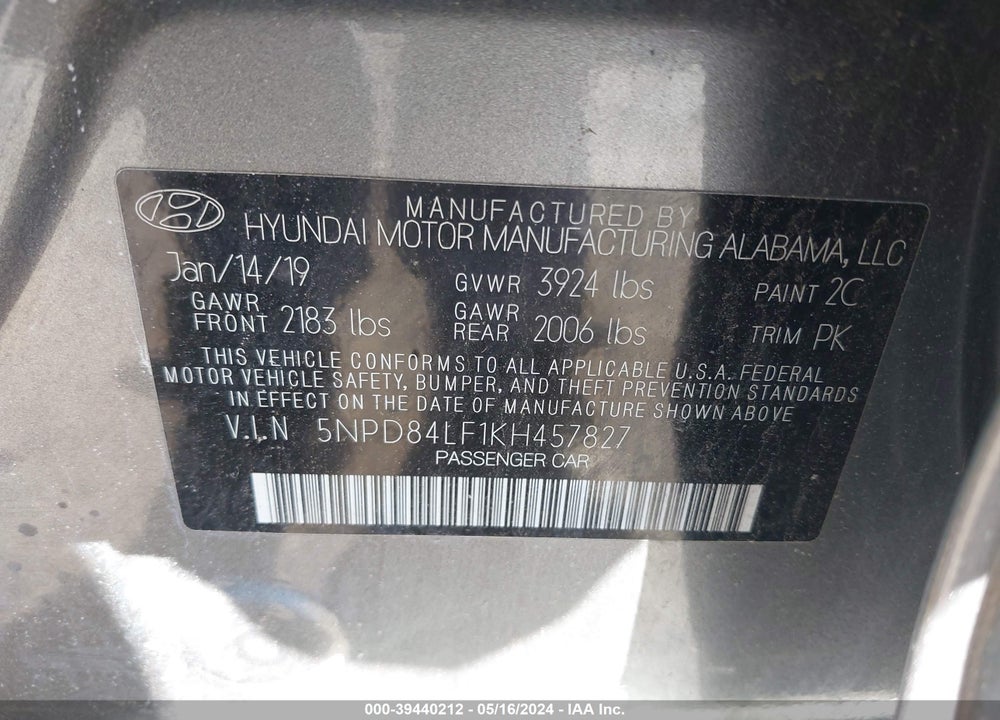 2019 HYUNDAI ELANTRA SEL VIN: 5NPD84LF1KH457827