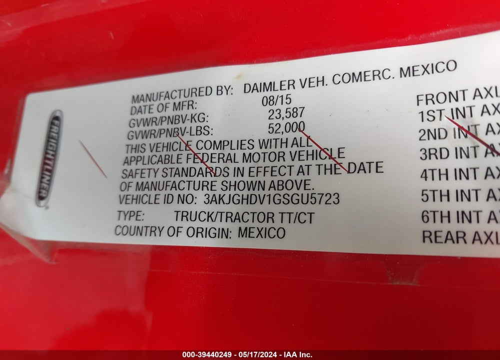 2016 FREIGHTLINER CASCADIA 113 VIN: 3AKJGHDV1GSGU5723