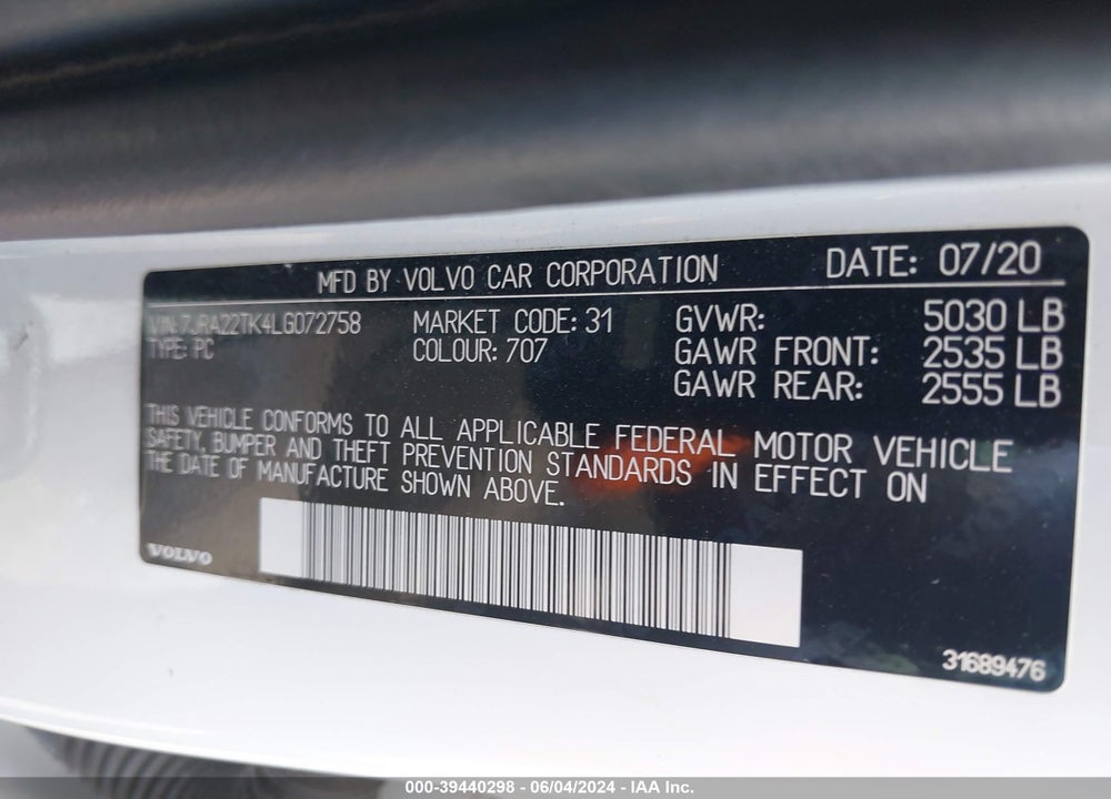 2020 VOLVO S60 VIN: 7JRA22TK4LG072758