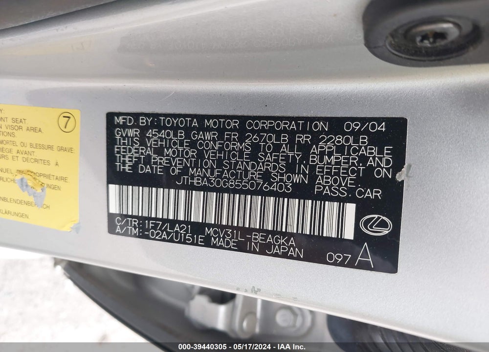 2005 LEXUS ES 330 VIN: JTHBA30G855076403