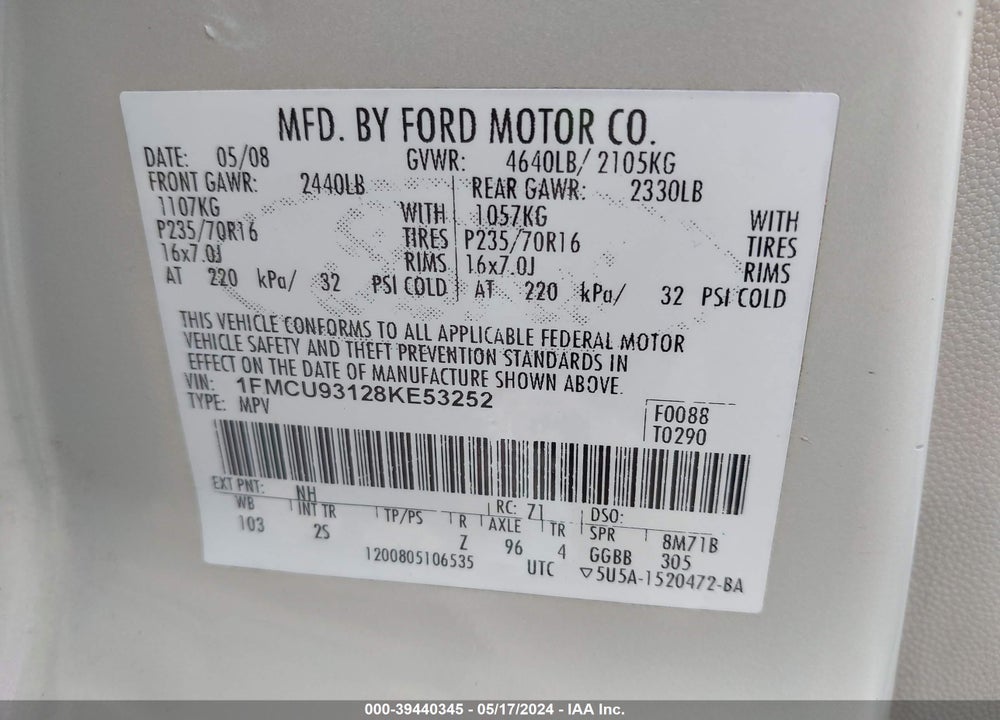 2008 FORD ESCAPE XLT VIN: 1FMCU93128KE53252