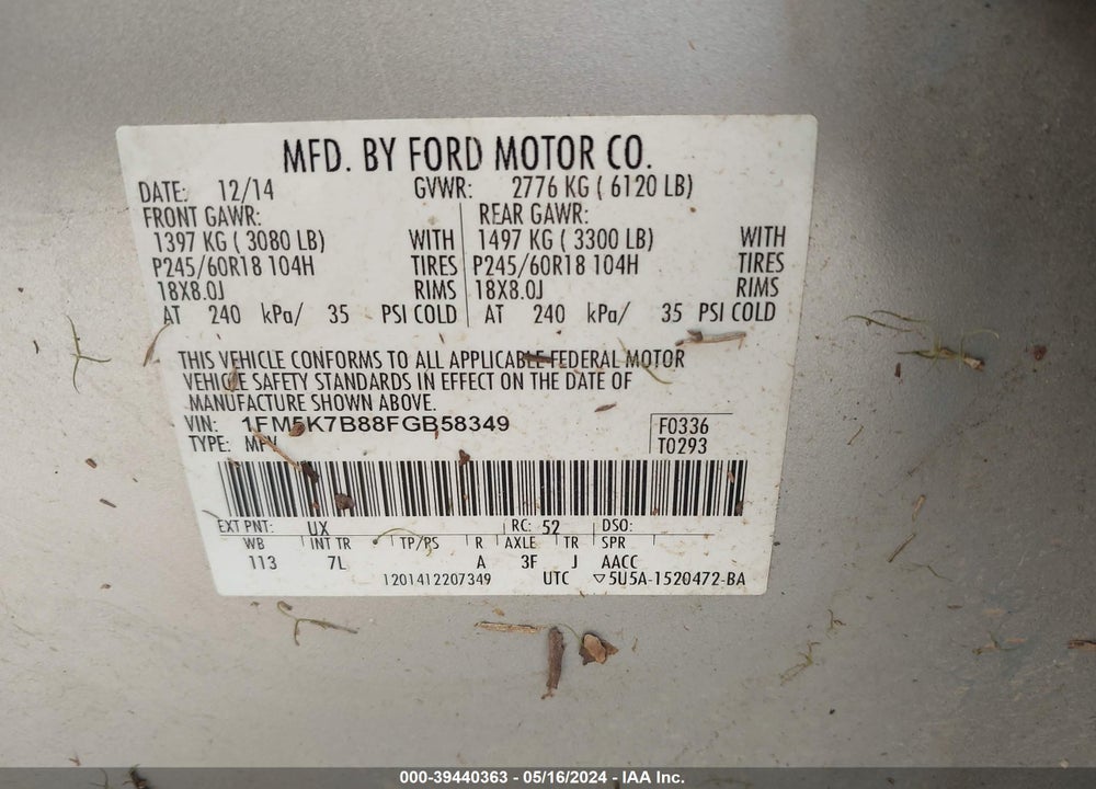 2015 FORD EXPLORER VIN: 1FM5K7B88FGB58349