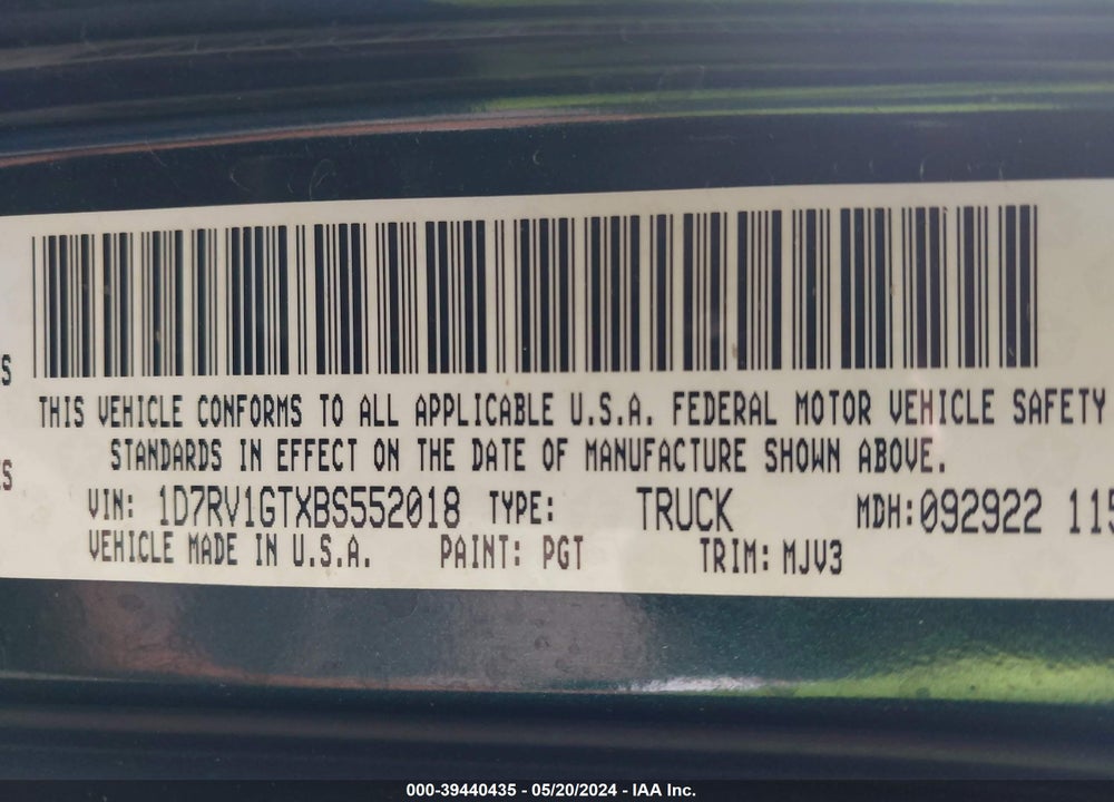 2011 RAM 1500 SLT VIN: 1D7RV1GTXBS552018